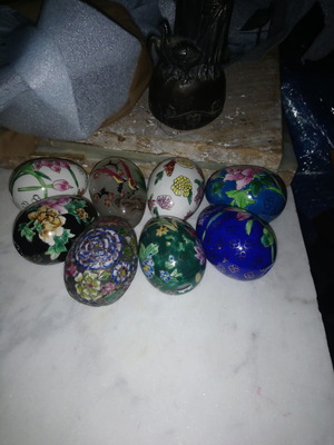 Cloisonné eggs used, set of 8, silver, glass, porcelain