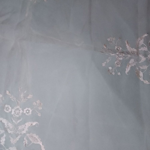 Large pink salmon silk tablecloth with embroidery and lace