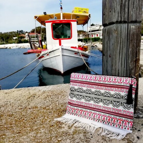 Handmade bag with woven front, new, white and red