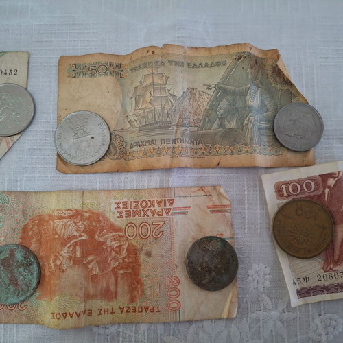 Greek drachma banknotes used, collection of 10 authentic notes