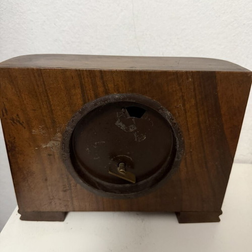 Vintage wooden mechanical table clock used, Art Deco design
