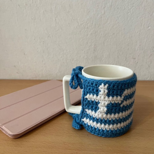 Handmade crochet mug cozy with Greek flag new