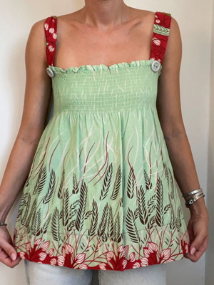 Boho Mint Green Smocked Τοπ με Κόκκινες Τιράντες και Κουμπιά, Άριστη κατάσταση