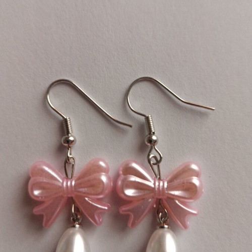 Earrings with pink bow and pearl new, silver