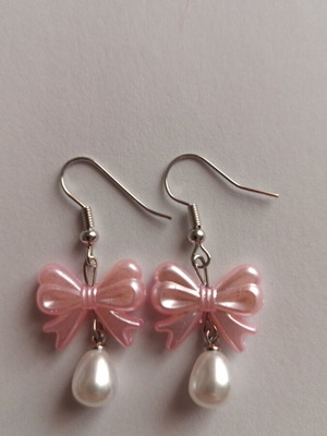 Earrings with pink bow and pearl new, silver