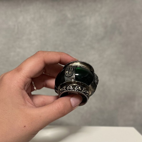 Vintage silver-plated decorative box with green glass and stones