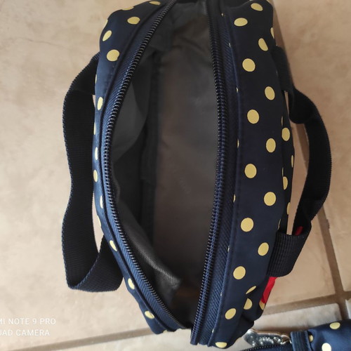 School backpack with pencil case used, polka dot design