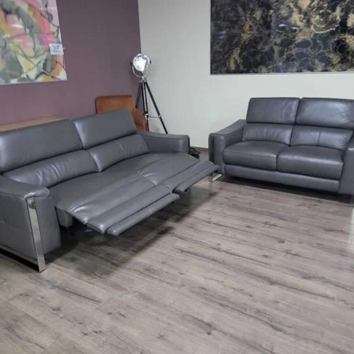 Gray Leather Sofa Set Three-Seater and Two-Seater Torres New
