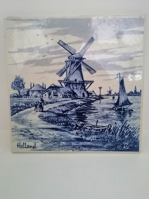 Vintage Delft Blue ceramic tile with windmill design