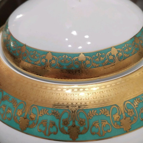 Merry Lane porcelain soup tureen with 24k gold and turquoise decoration
