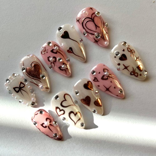 Press On Nails handmade pink and white with rose gold hearts