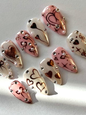 Press On Nails handmade pink and white with rose gold hearts