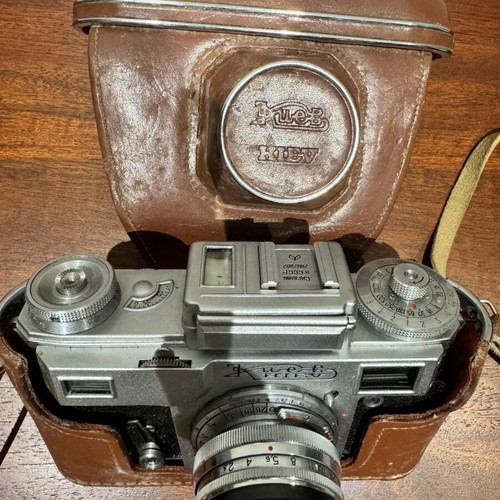 Kiev camera with Jupiter-8M 50mm f/2 lens used, vintage with leather case