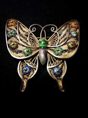 Silver antique pin 1930-40 used, handmade filigree with enamel