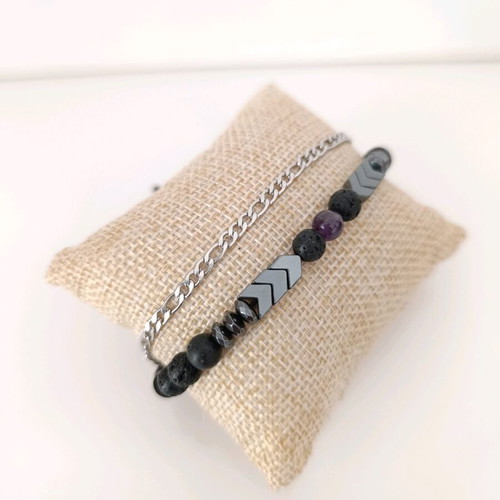 Unisex Bracelet Set with Steel Figaro Chain & Black Semi-Precious Stones