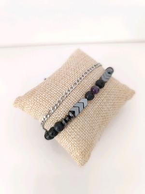 Unisex Bracelet Set with Steel Figaro Chain & Black Semi-Precious Stones