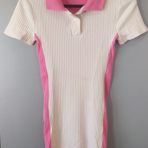 Zara Ribbed Polo Mini Dress used, size S, cream and pink