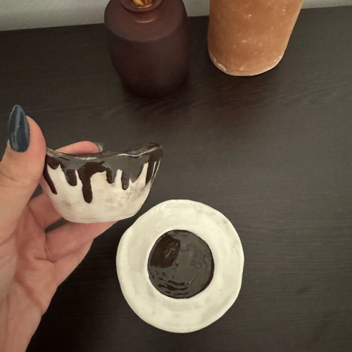Handmade ceramic espresso cup with plate, new, cream and brown