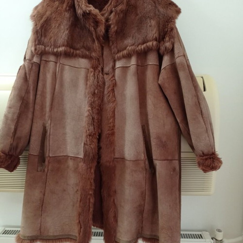 Leather coat with eco fur used, brown Aris