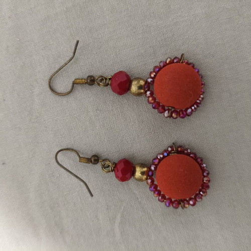 Handmade dangling earrings with red crystal and velour beads like new