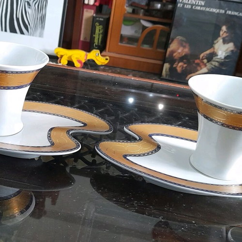 Limoge coffee cup set used, 2 cups with Hermes feather design