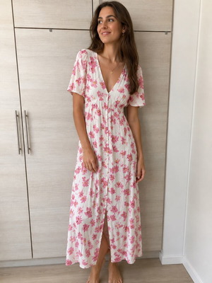 Zara μίντι φόρεμα με κουμπιά, λευκό με ροζ λουλούδια