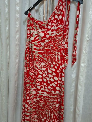 One-Shoulder Maxi/Midi Dress Raxevsky used, size L, red abstract print