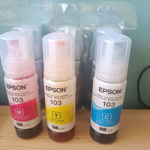 Epson 103 Printer Ink New, 2 Black and 1 Blue Bottles