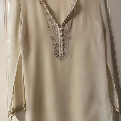 Silk women's shirt size 5XL beige embroidered with beads like new
