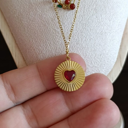 Stainless Steel Necklace with Cherries and Heart like new, red and gold