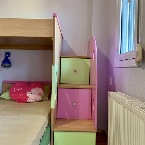 Children's bedroom furniture set, natural wood with green and pink details