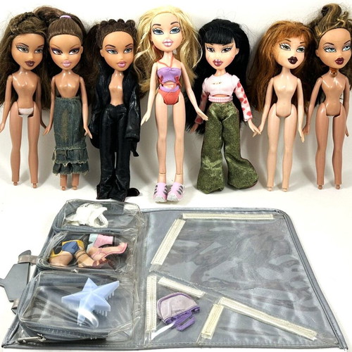 Bratz dolls pack of 7 with official Bratz accessory pouch used