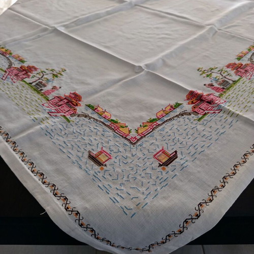 Handmade embroidered tablecloth white with multicolored flowers like new