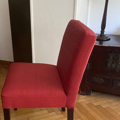 Dining chair used, wood with dark orange-red fabric