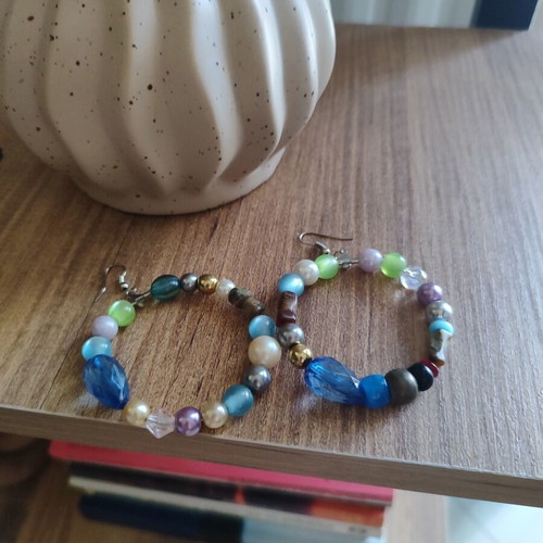 Handmade hoop earrings with beads, new, colorful
