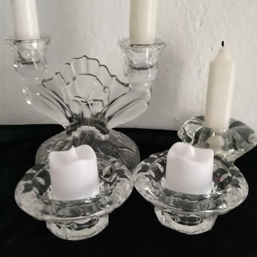 Glass candlestick set like new with candles