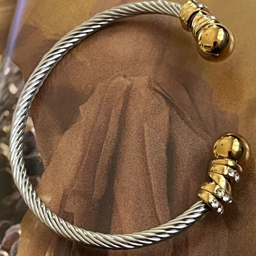 Cuff Bracelet new, silver and gold tone with zircon details