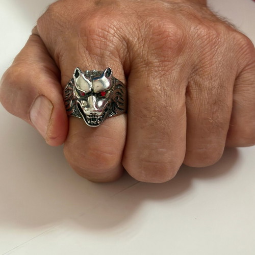 Wolf Head Ring with Red Zircon Eyes New, 316L Stainless Steel, US Size 14