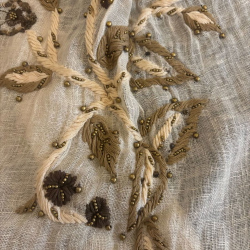 Massimo Dutti Linen Scarf with Embroidery new, beige and gold