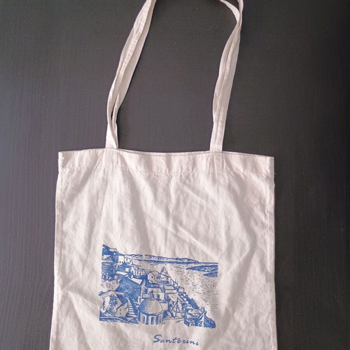 Santorini Canvas Shoulder Bag used, white and blue