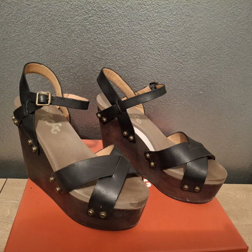 Flogg women's sandals with wooden platform used, black, size 38