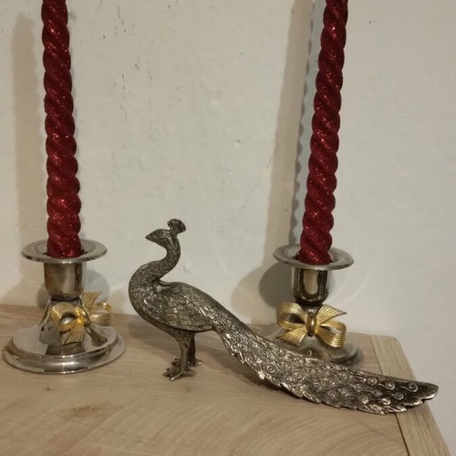 Silver-plated candlesticks with candles and peacock figurine like new