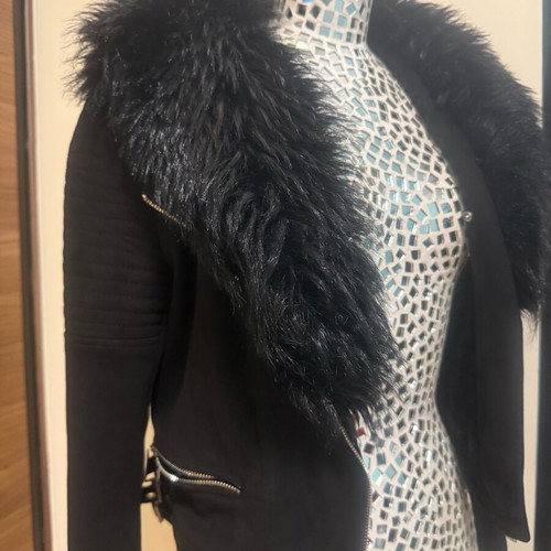 On Line mid-length castor coat used, with inner fur and detachable hood, black, size S