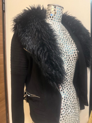 On Line mid-length castor coat used, with inner fur and detachable hood, black, size S