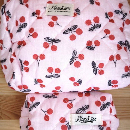 Makeup bags set of 3 quilted pink cherry print, new