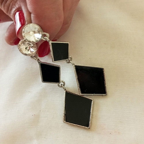 Geometric dangle earrings with black elements and rhinestones, new