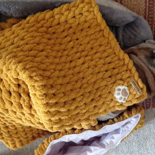 Handmade pet set with Alize Puffy yarn, hypoallergenic, mustard color