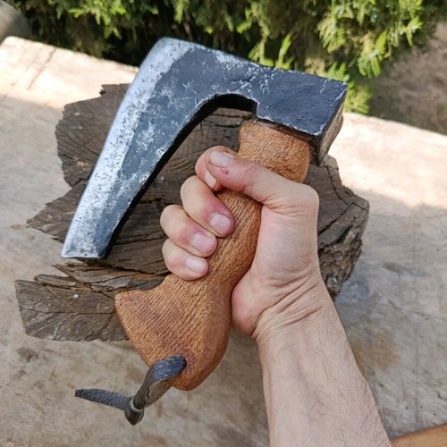 Antique hand axe used, oak handle with genuine leather