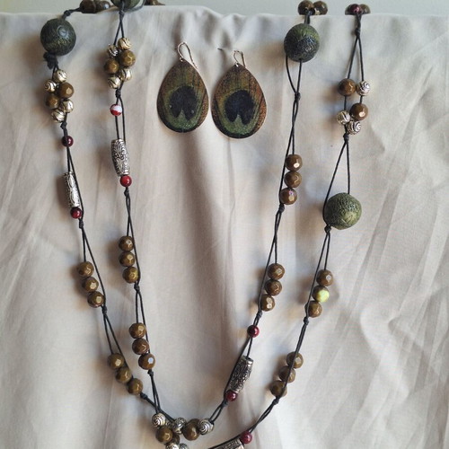 Boho Ethnic Jewelry Set with Long Beaded Necklace and Peacock Earrings like new