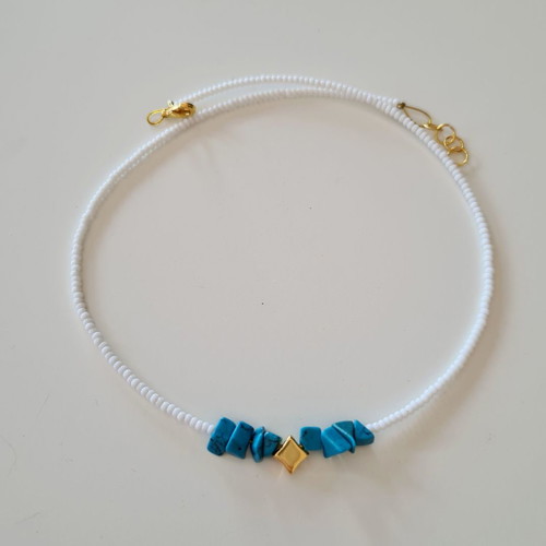 Handmade necklace new with white-turquoise beads, stainless steel-silver or gold plated